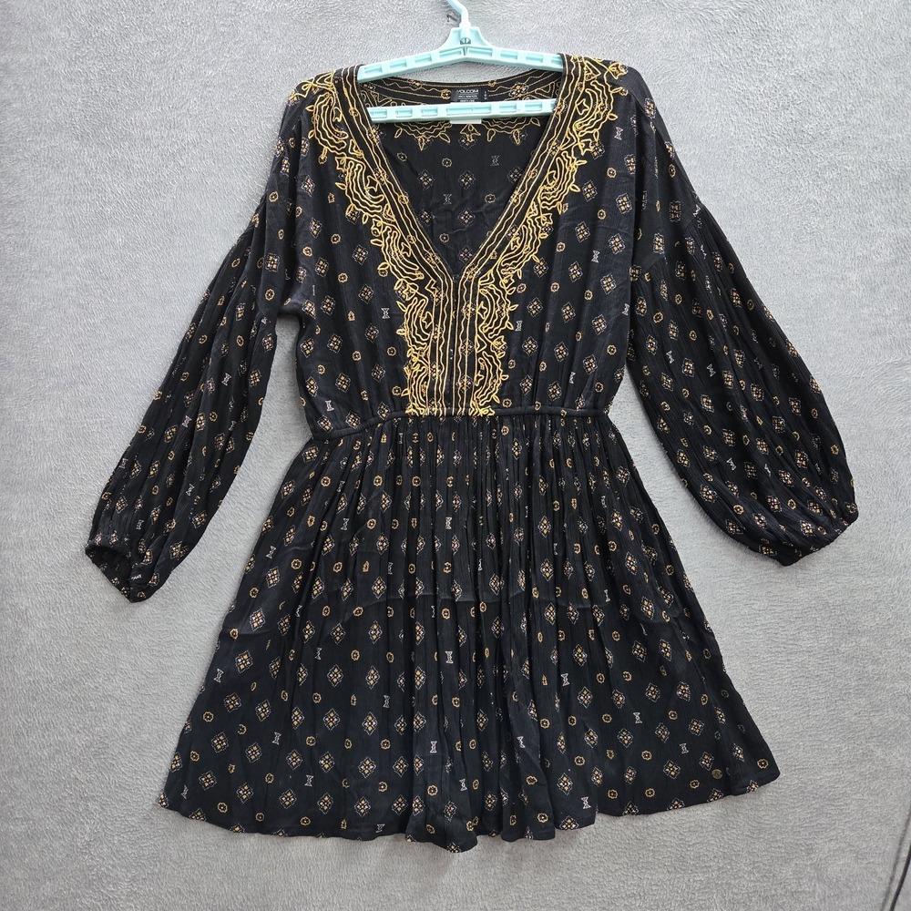 Volcom Women Dress L Black Embroidered Geometric Fit & Flare Mini Boho Long